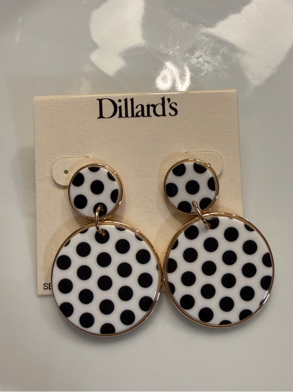 Dillard's Black & White Polka Dot Drop Earrings – Double Circle Gold Design